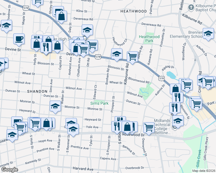map of restaurants, bars, coffee shops, grocery stores, and more near 3520 Wilmot Avenue in Columbia