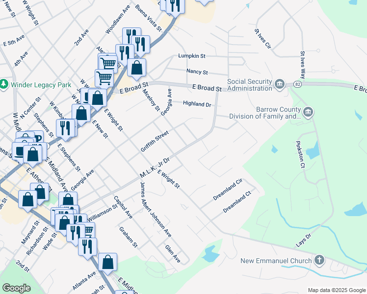 map of restaurants, bars, coffee shops, grocery stores, and more near 321 Mary Alice Drive in Winder