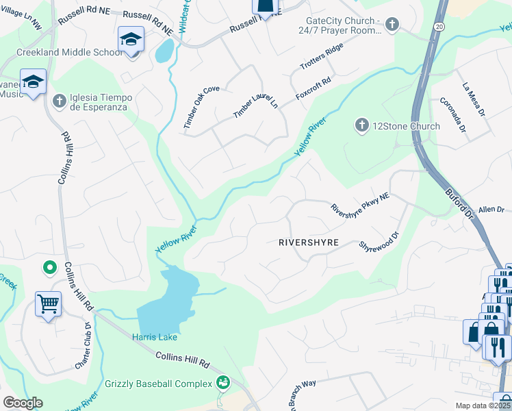 map of restaurants, bars, coffee shops, grocery stores, and more near 1305 Oakshyre Place in Lawrenceville
