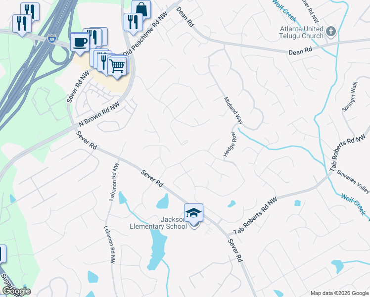 map of restaurants, bars, coffee shops, grocery stores, and more near 1385 Cresthaven Lane Northwest in Lawrenceville