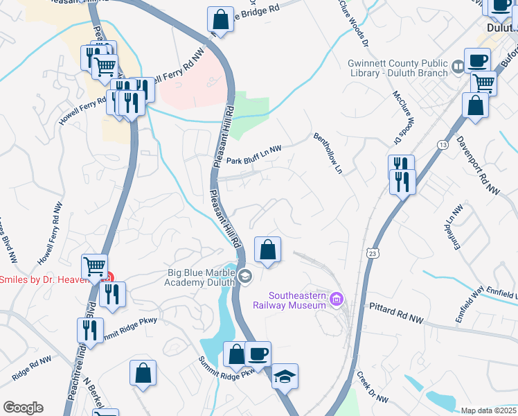map of restaurants, bars, coffee shops, grocery stores, and more near 3550 Pleasant Hill Road in Duluth