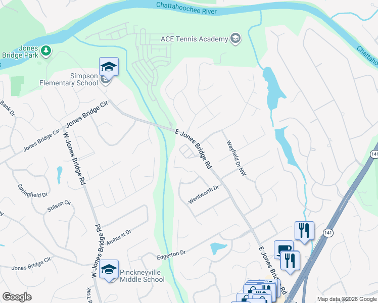 map of restaurants, bars, coffee shops, grocery stores, and more near 5263 Creek Walk Circle Northwest in Norcross