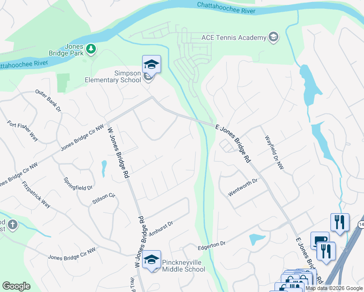 map of restaurants, bars, coffee shops, grocery stores, and more near 5248 Meadowdale Court Northwest in Norcross