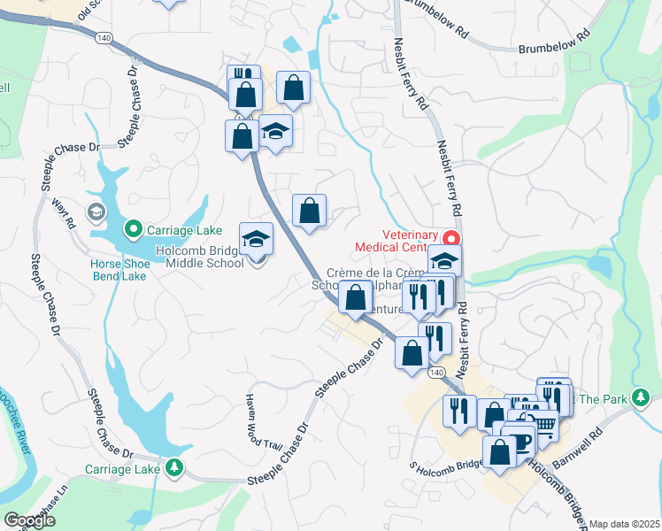 map of restaurants, bars, coffee shops, grocery stores, and more near 710 Treeridge Parkway in Alpharetta