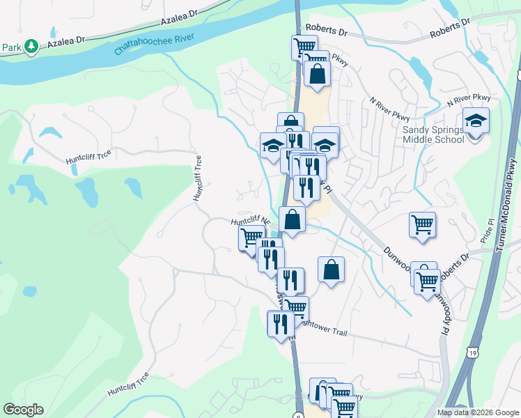 map of restaurants, bars, coffee shops, grocery stores, and more near 1010 Huntcliff in Atlanta
