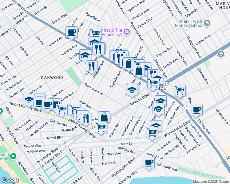 map of restaurants, bars, coffee shops, grocery stores, and more near 848 Marco Place in Los Angeles