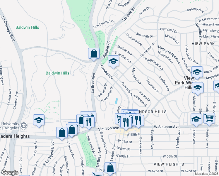 map of restaurants, bars, coffee shops, grocery stores, and more near 4581 Northridge Drive in View Park-Windsor Hills