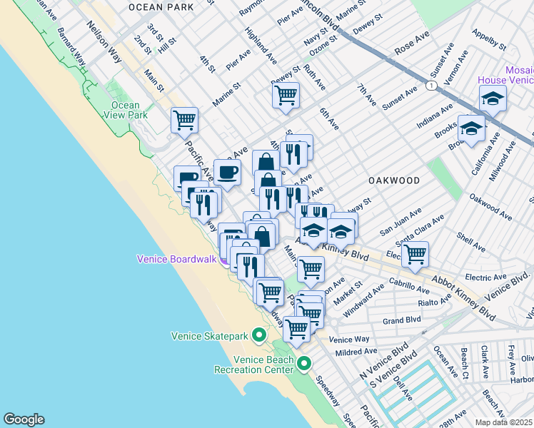 map of restaurants, bars, coffee shops, grocery stores, and more near 800 Main Street in Los Angeles