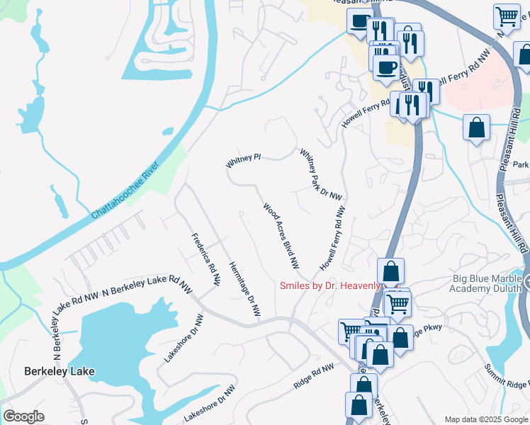map of restaurants, bars, coffee shops, grocery stores, and more near 3493 Wood Acres Boulevard Northwest in Duluth