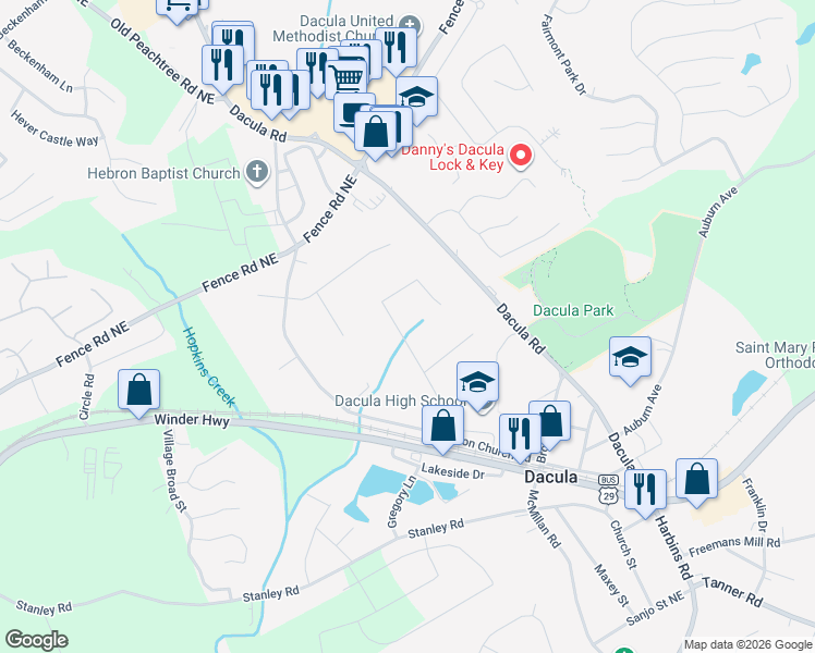 map of restaurants, bars, coffee shops, grocery stores, and more near 195 Whisper Way Northeast in Dacula