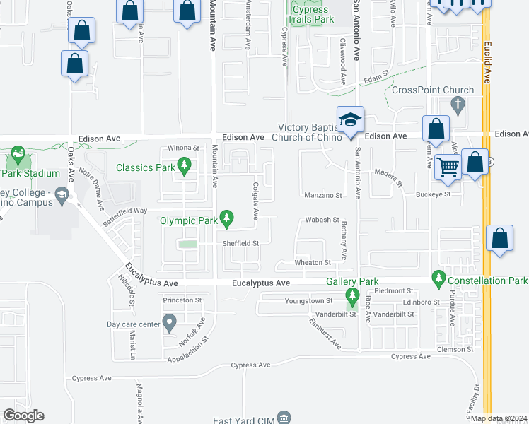 map of restaurants, bars, coffee shops, grocery stores, and more near 6436 Stillman Court in Chino
