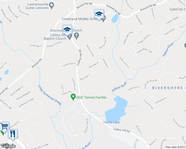 map of restaurants, bars, coffee shops, grocery stores, and more near 90 Bentridge Court in Lawrenceville