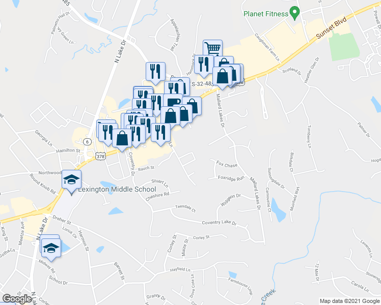 map of restaurants, bars, coffee shops, grocery stores, and more near 114 Huntington Circle in Lexington