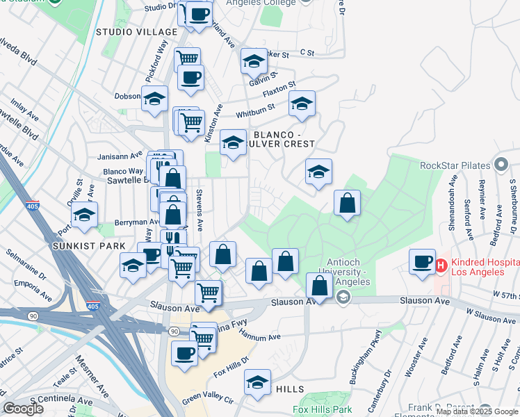 map of restaurants, bars, coffee shops, grocery stores, and more near 11260 Overland Avenue in Culver City