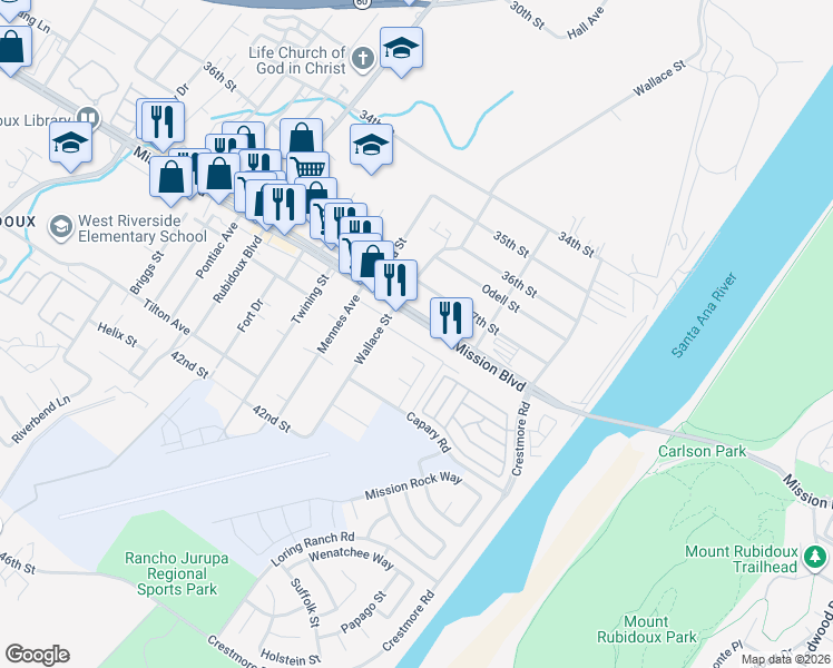map of restaurants, bars, coffee shops, grocery stores, and more near 5360 Mission Boulevard in Riverside