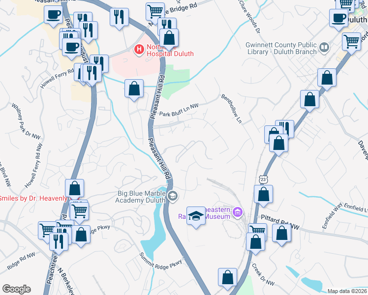 map of restaurants, bars, coffee shops, grocery stores, and more near 3550 Pleasant Hill Road in Duluth