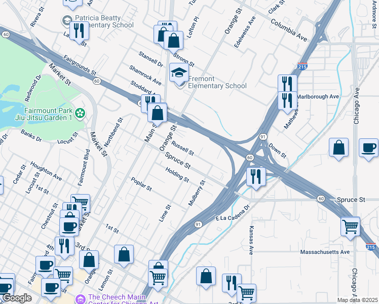 map of restaurants, bars, coffee shops, grocery stores, and more near 3455 Spruce Street in Riverside