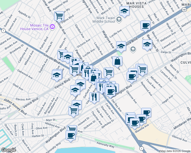 map of restaurants, bars, coffee shops, grocery stores, and more near 2452 Penmar Avenue in Los Angeles