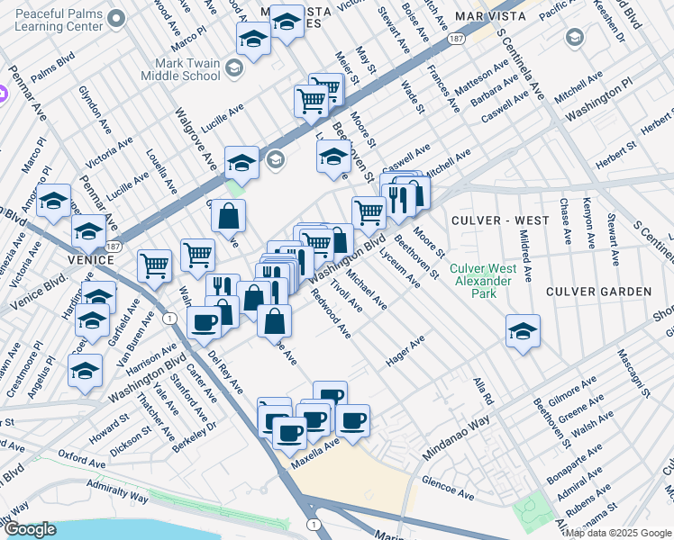 map of restaurants, bars, coffee shops, grocery stores, and more near 4017 Tivoli Avenue in Los Angeles