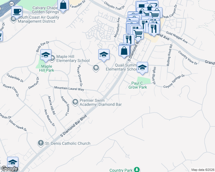 map of restaurants, bars, coffee shops, grocery stores, and more near 1641 South Diamond Bar Boulevard in Diamond Bar