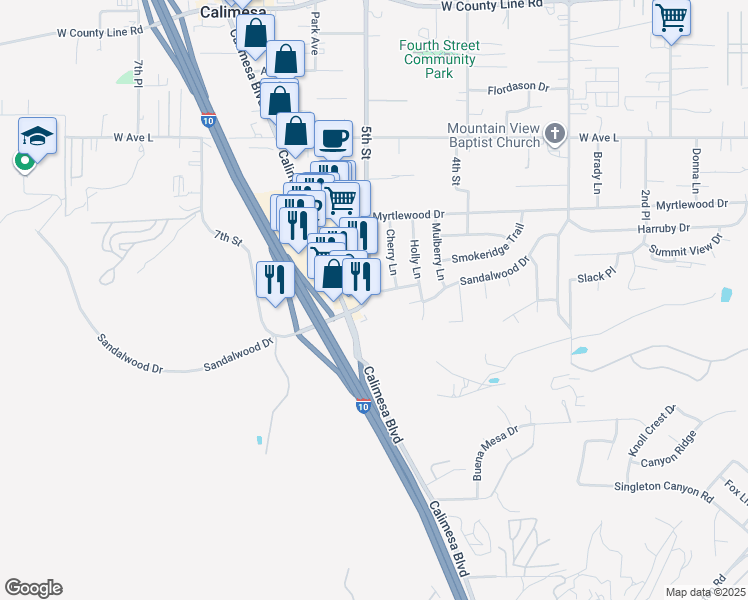 map of restaurants, bars, coffee shops, grocery stores, and more near 495 Sandalwood Drive in Calimesa