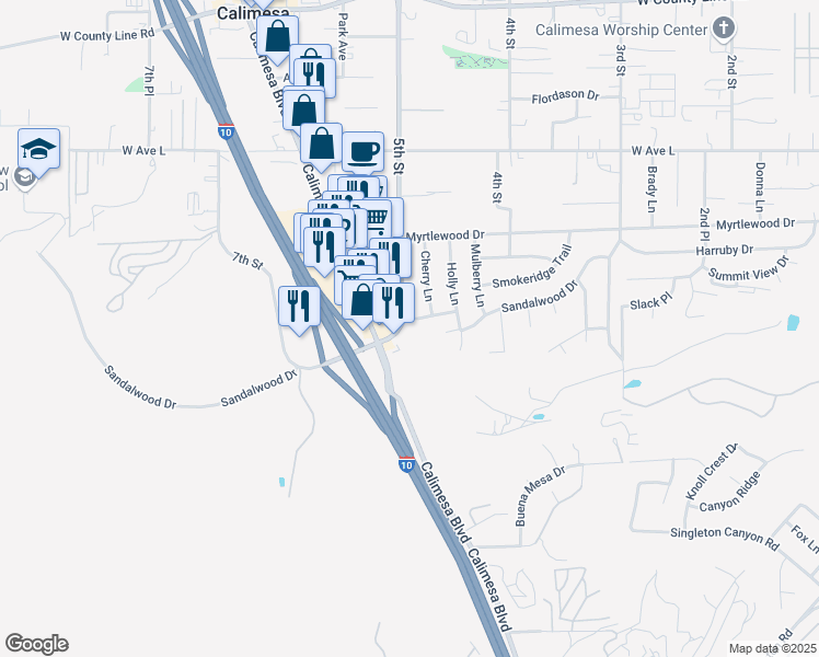map of restaurants, bars, coffee shops, grocery stores, and more near 495 Sandalwood Drive in Calimesa