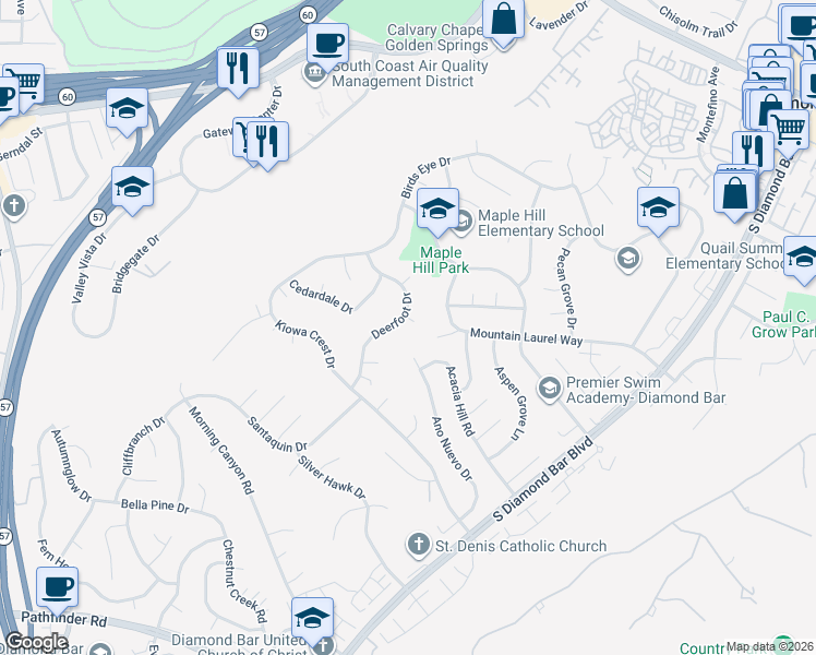 map of restaurants, bars, coffee shops, grocery stores, and more near 22222 Croll Court in Diamond Bar
