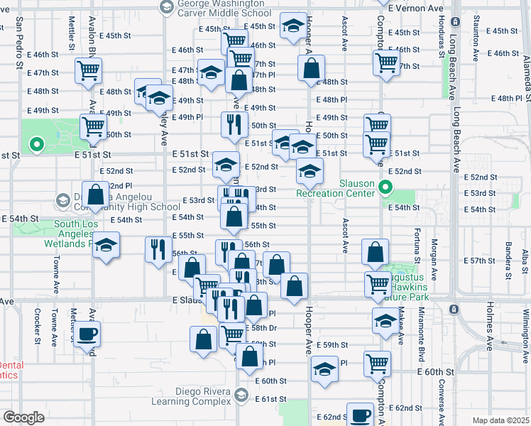 map of restaurants, bars, coffee shops, grocery stores, and more near 1126 East 55th Street in Los Angeles