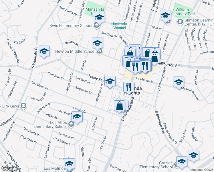 map of restaurants, bars, coffee shops, grocery stores, and more near 15694 Tetley Street in Hacienda Heights