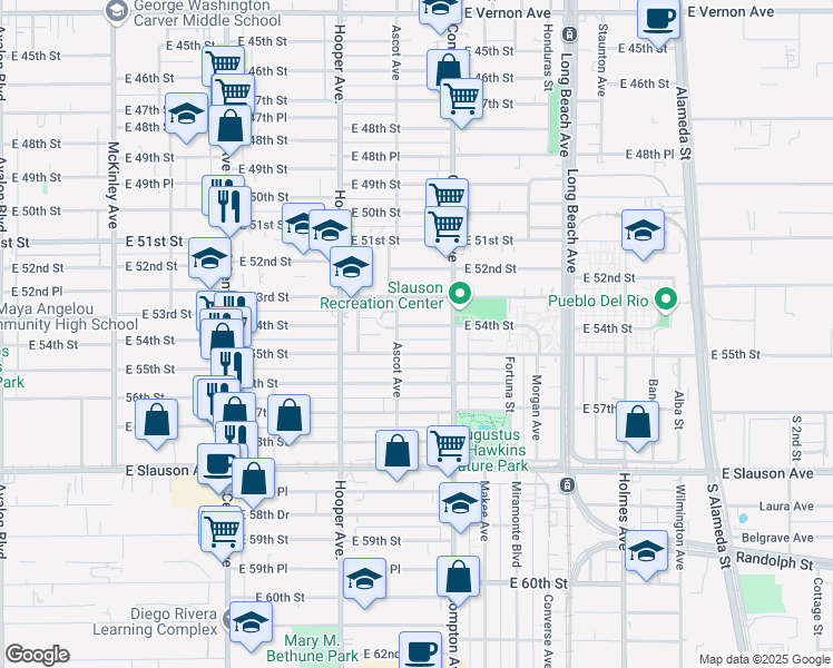 map of restaurants, bars, coffee shops, grocery stores, and more near 1428 East 54th Street in Los Angeles