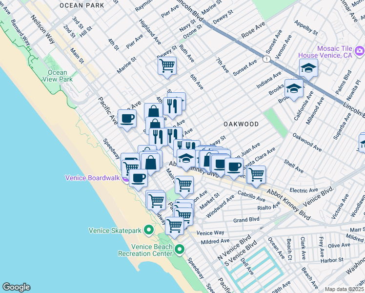 map of restaurants, bars, coffee shops, grocery stores, and more near 331 Brooks Avenue in Los Angeles