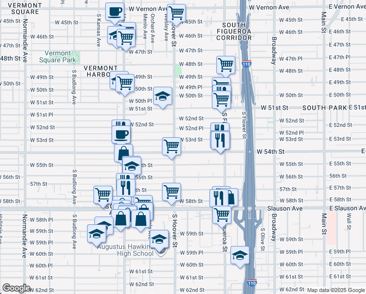 map of restaurants, bars, coffee shops, grocery stores, and more near 5314 1/2 South Hoover Street in Los Angeles