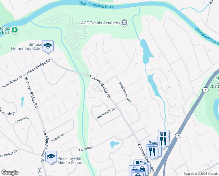 map of restaurants, bars, coffee shops, grocery stores, and more near 4264 Whitewater Court in Norcross