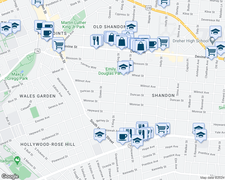 map of restaurants, bars, coffee shops, grocery stores, and more near 307 King Street in Columbia