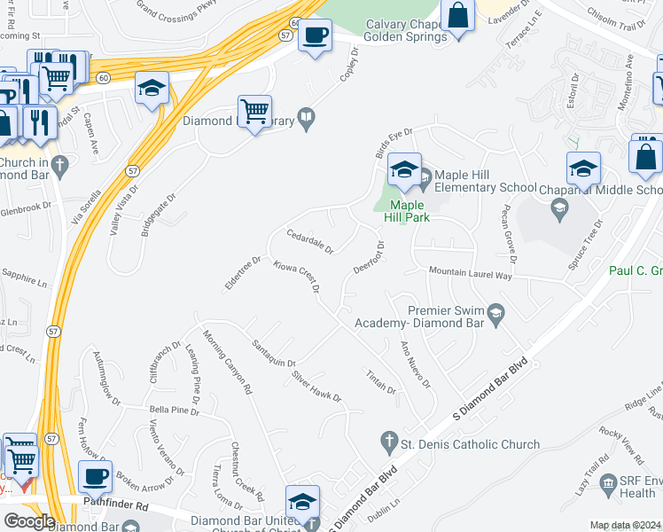 map of restaurants, bars, coffee shops, grocery stores, and more near 22088 Cedardale Drive in Diamond Bar