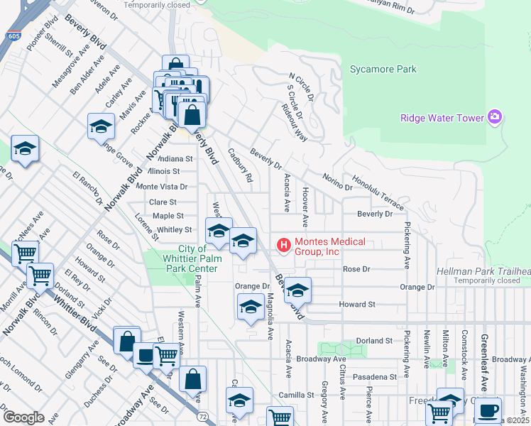 map of restaurants, bars, coffee shops, grocery stores, and more near 11756 Maple Street in Whittier