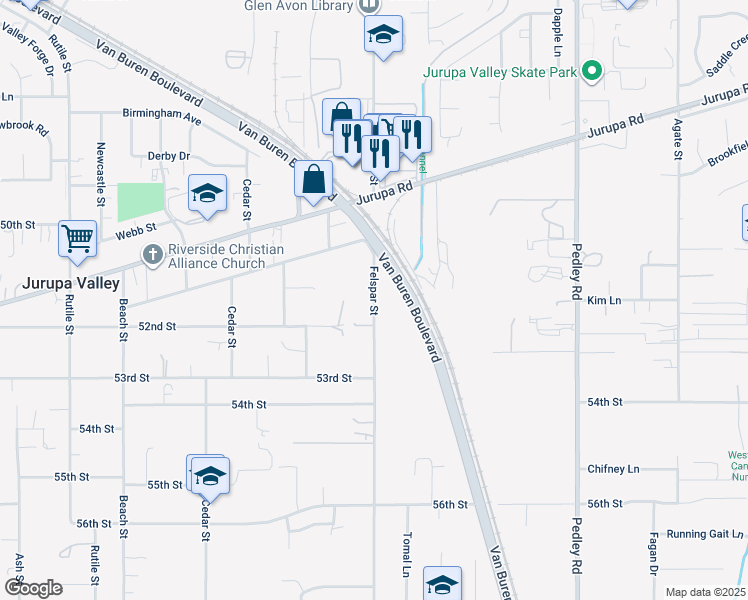 map of restaurants, bars, coffee shops, grocery stores, and more near Felspar Street in Jurupa Valley