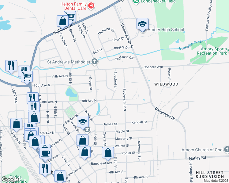 map of restaurants, bars, coffee shops, grocery stores, and more near 892 Stratford Lane in Amory