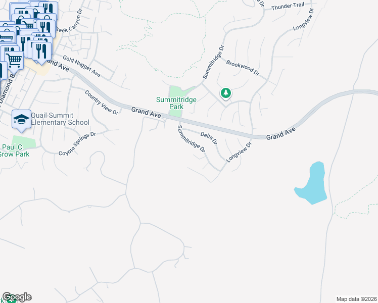 map of restaurants, bars, coffee shops, grocery stores, and more near 24300 Knoll Court in Diamond Bar