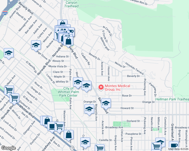 map of restaurants, bars, coffee shops, grocery stores, and more near 11756 Maple Street in Whittier