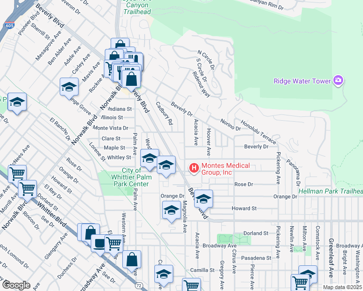 map of restaurants, bars, coffee shops, grocery stores, and more near 11756 Maple Street in Whittier