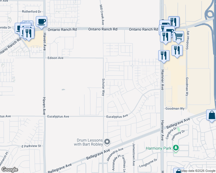 map of restaurants, bars, coffee shops, grocery stores, and more near 3908 East Morro Privado in Ontario
