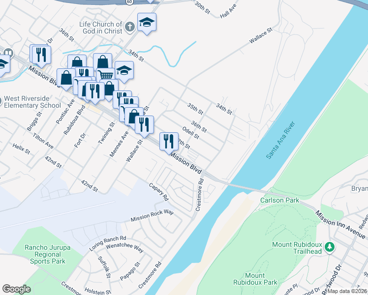 map of restaurants, bars, coffee shops, grocery stores, and more near 3447 Daly Avenue in Riverside