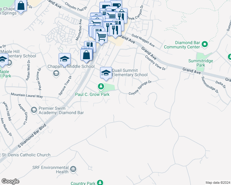 map of restaurants, bars, coffee shops, grocery stores, and more near 23328 Forest Canyon Drive in Diamond Bar
