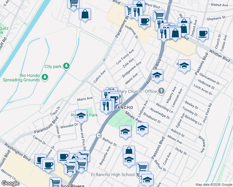 map of restaurants, bars, coffee shops, grocery stores, and more near 8841 Aldrich Street in Pico Rivera