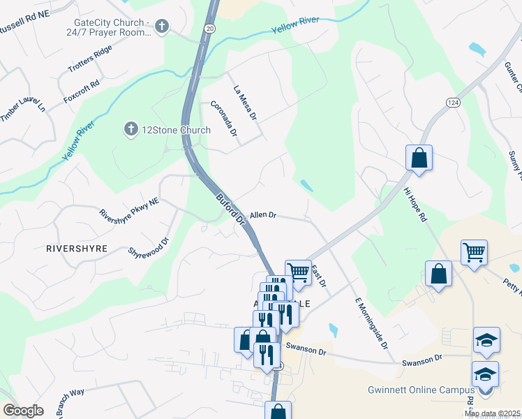map of restaurants, bars, coffee shops, grocery stores, and more near 502 Allen Drive in Lawrenceville