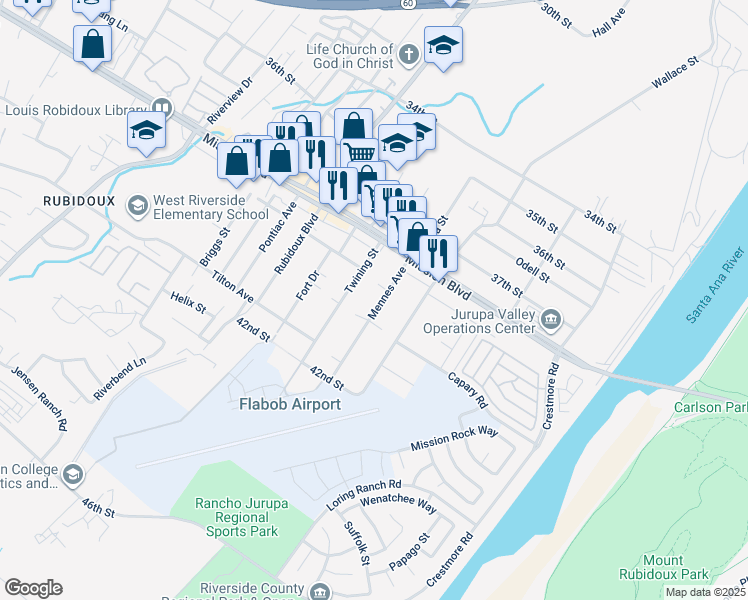 map of restaurants, bars, coffee shops, grocery stores, and more near 3925 Mennes Avenue in Jurupa Valley