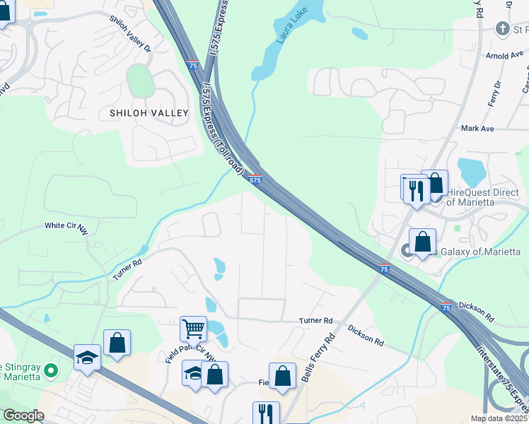map of restaurants, bars, coffee shops, grocery stores, and more near Lancaster Drive in Marietta