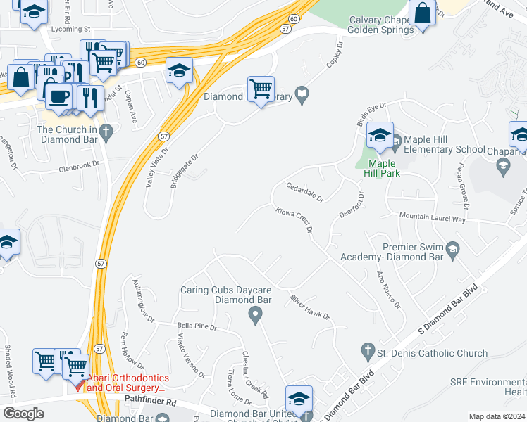 map of restaurants, bars, coffee shops, grocery stores, and more near 1512 Eldertree Drive in Diamond Bar