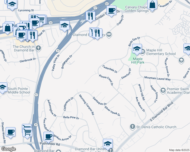 map of restaurants, bars, coffee shops, grocery stores, and more near 1512 Eldertree Drive in Diamond Bar